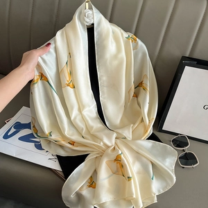 Elegant cream satin scarf with floral calla lily print for women shawl use