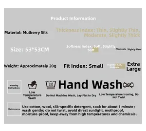 Detailed size and material specification chart for the 53x53cm mulberry silk scarf