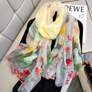 Elegant grey-blue silk scarf with lotus print and translucent chiffon texture for women