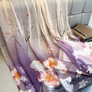 Elegant purple gradient silk scarf with floral lotus pattern for women beach shawl