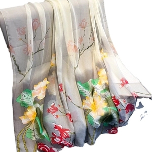Elegant grey gradient silk scarf for women featuring colorful lotus floral print patterns