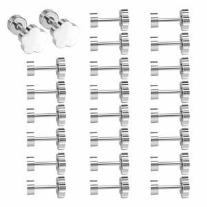 Détail de boucles d'oreilles fleurs en acier inoxydable argenté avec fermoir à vis