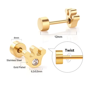 Boucles d'oreilles couronne en acier inoxydable doré avec zircone et fermoir à vis sûr