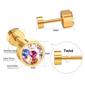 Detailed view of gold plated stainless steel twist stud earrings with colorful cubic zirconia