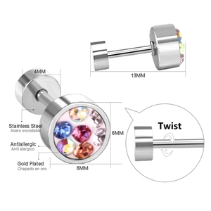 6mm gold-plated stainless steel screw-back earring with sparkling crystal inlay details