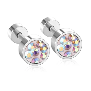 Pair of stainless steel cylinder stud earrings with shimmering AB crystals on white background