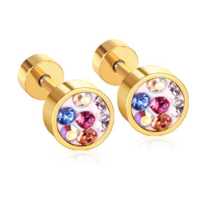 Macro shot of gold stainless steel barbell earrings with colorful crystal inlay
