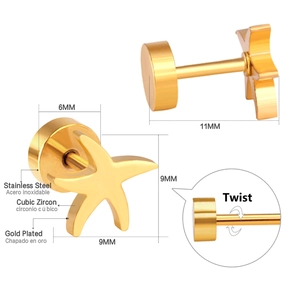 Detailed view of 9mm gold-plated stainless steel starfish stud earrings with cubic zirconia