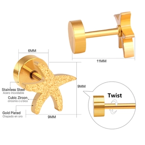 Minimalist gold plated stainless steel starfish stud earrings with cubic zirconia