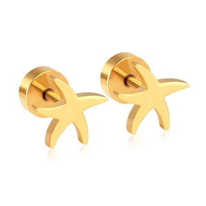 Pair of gold stainless steel starfish stud earrings with secure barbell screw back