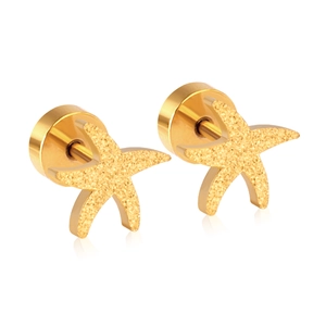 Detail of gold starfish stud earrings with a matte glitter finish and round flat back