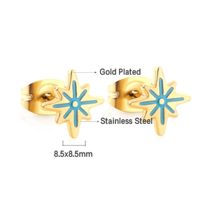 Macro detail of 8.5mm gold plated stainless steel star stud earrings with blue enamel