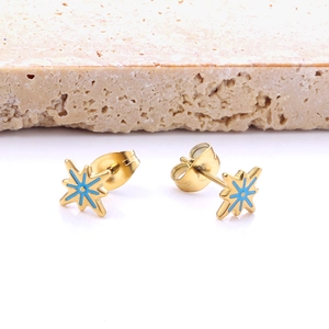 Golden stainless steel octagonal star stud earrings with blue oil drip finish