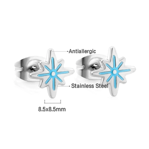 Detail of 8.5x8.5mm silver stainless steel star earrings with blue enamel center