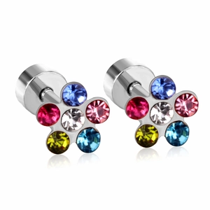 Bunte Blumenohrstecker aus Titanstahl mit funkelnden Strasssteinen und schöner Spiegelung