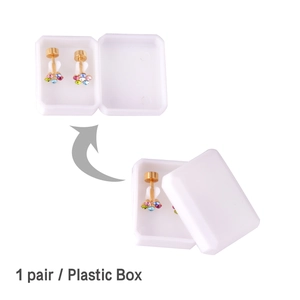 Detailansicht der Blumen-Ohrstecker mit bunten Kristallen und Kunststoff-Verpackungsbox