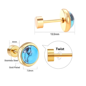 Gold-plated stainless steel stud earrings featuring a round blue stone with screw back closure