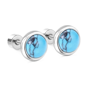 Macro detail of turquoise stud earrings with silver-toned screw backs and natural stone texture