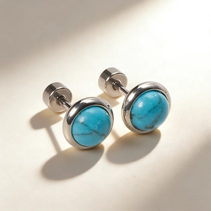 Minimalist stainless steel blue turquoise stud earrings with screw backs and marble texture