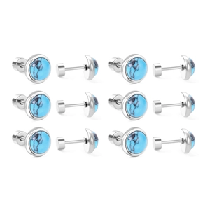 Detailed set of 12 turquoise stud earrings in polished stainless steel settings