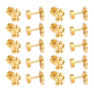 Detailed grid showing 10 pairs of gold hollow butterfly flat back earrings in stainless steel