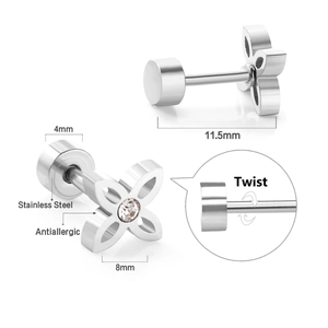 Macro view showing 4mm twist back stud earring dimensions and stainless steel texture
