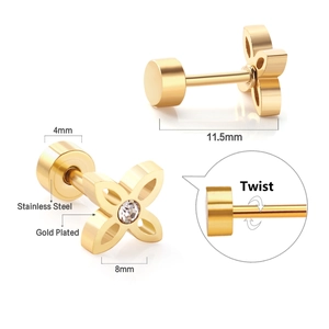 Gold plated stainless steel clover stud earrings with zircon and secure twist back screw