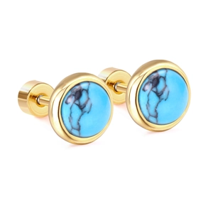 Minimalist gold stainless steel stud earrings featuring round blue turquoise gemstones