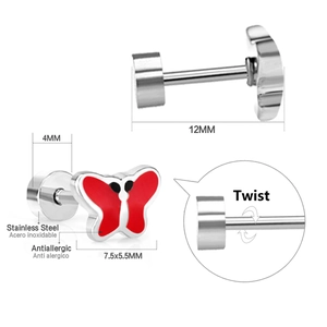 Polished stainless steel butterfly stud earrings with red enamel and screw back detail