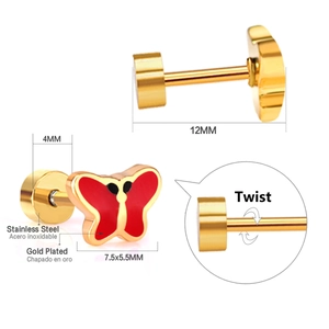 Golden stainless steel butterfly stud earrings with red enamel and screw-back closure