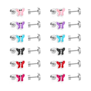 Set of 6 pairs colorful butterfly stainless steel stud earrings with screw-on flat backs