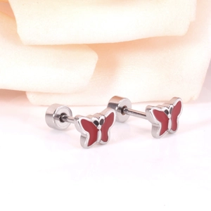 Minimalist red butterfly stud earrings in stainless steel with secure screw back closure