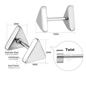 Minimalist silver triangle stainless steel stud earrings with 8mm screw-back design