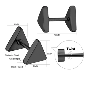Detail view of black stainless steel triangle earrings with 8mm size and twist closure