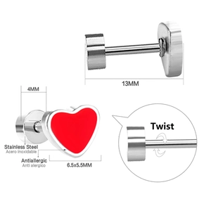 Bunte herzförmige Edelstahl-Ohrstecker mit Schraubverschluss in mehreren Ansichten