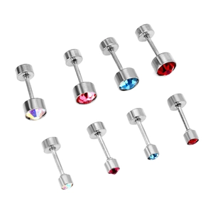 Detail of 8pcs colorful crystal barbell studs in pink, blue, red and white stainless steel