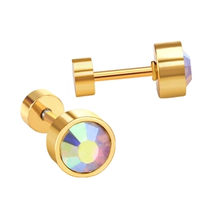 Macro detail of cylinder screw earrings with AB rainbow crystal in gold stainless steel