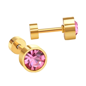 Macro detail of pink crystal stud earrings with golden screw back and polished finish