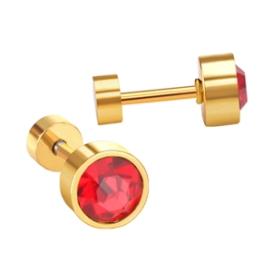Close-up of gold stainless steel stud earrings featuring faceted red crystals
