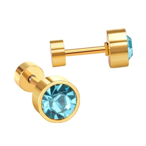 Golden stainless steel screw back stud earrings with sparkling round blue crystals