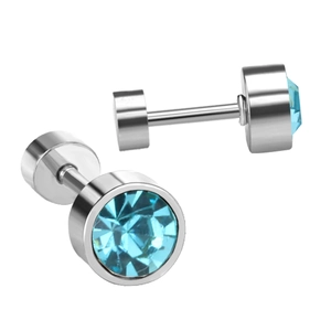 Detailed view of silver stainless steel dumbbell earrings with light blue round crystals