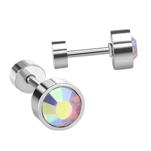 Detail view of colorful crystal stud earrings with silver screw back and barbell design