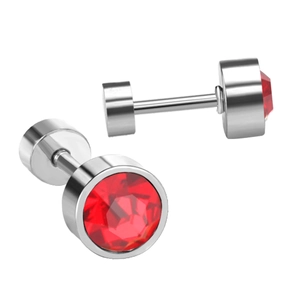 Detail view of silver barbell earrings with brilliant red round-cut crystal stones