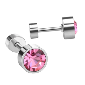 Detail of pink crystal stud earrings with silver stainless steel setting and screw backs