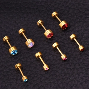 Golden stainless steel dumbbell earrings set with colorful round cut crystal studs