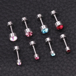 Barbell stud earring set in multi-color crystals and stainless steel on black texture