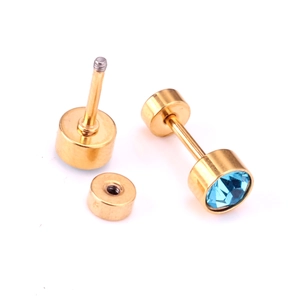 Detailed view of gold stainless steel barbell earring with blue crystal and screw back