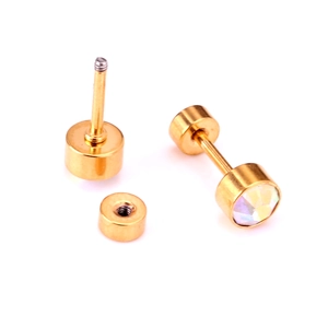 Detail of gold-plated stainless steel stud earrings with colorful zircon and screw backs