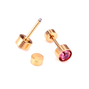Detailed view of gold stainless steel stud earring with pink zircon and screw back