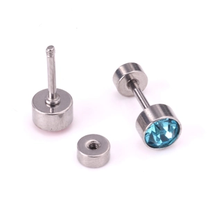 Detail view of steel screw-back dumbbell earrings featuring light blue faceted crystals